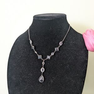Vintage Silver-Tone Black Crystal Drop Necklace